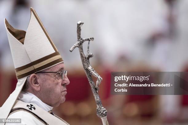 Pope Francis attends the Chrism Mass in St. Peter's Basilica on March 29, 2018 in Vatican City, Vatican.