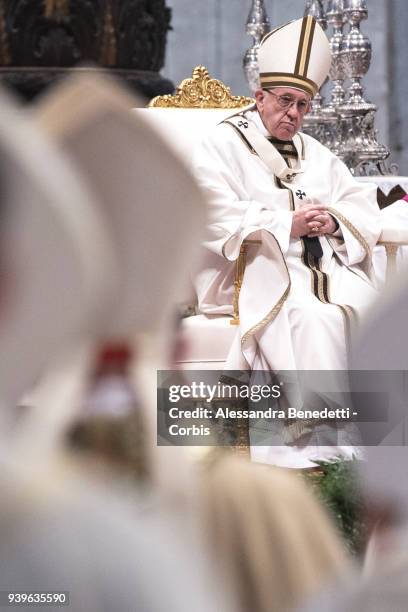 Pope Francis attends the Chrism Mass in St. Peter's Basilica on March 29, 2018 in Vatican City, Vatican.