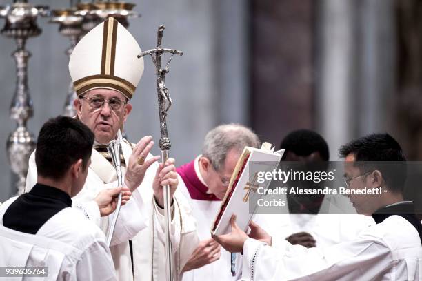 Pope Francis attends the Chrism Mass in St. Peter's Basilica on March 29, 2018 in Vatican City, Vatican.