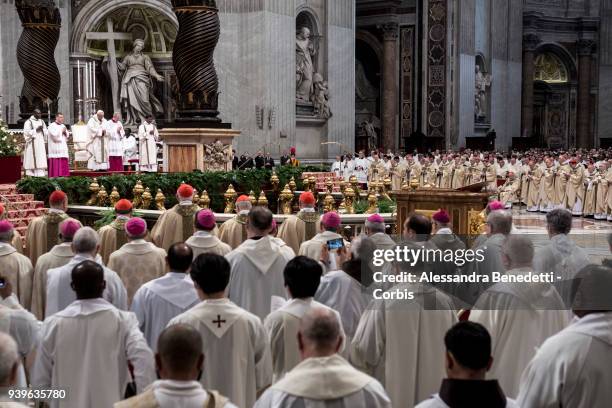 Pope Francis attends the Chrism Mass in St. Peter's Basilica on March 29, 2018 in Vatican City, Vatican.