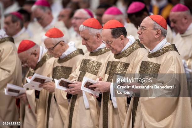 Cardinals attend the Chrism Mass celebrated by Pope Francis in St. Peter's Basilica on March 29, 2018 in Vatican City, Vatican.
