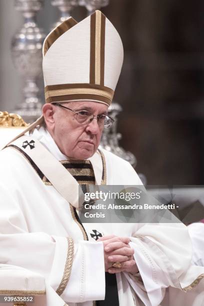 Pope Francis attends the Chrism Mass in St. Peter's Basilica on March 29, 2018 in Vatican City, Vatican.