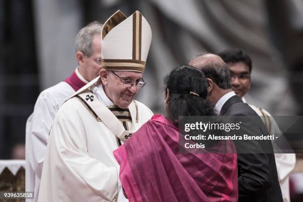 Pope Francis attends the Chrism Mass in St. Peter's Basilica on March 29, 2018 in Vatican City, Vatican.