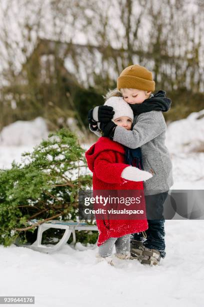 brother hugs sister during christmas - child hugging tree stock pictures, royalty-free photos & images