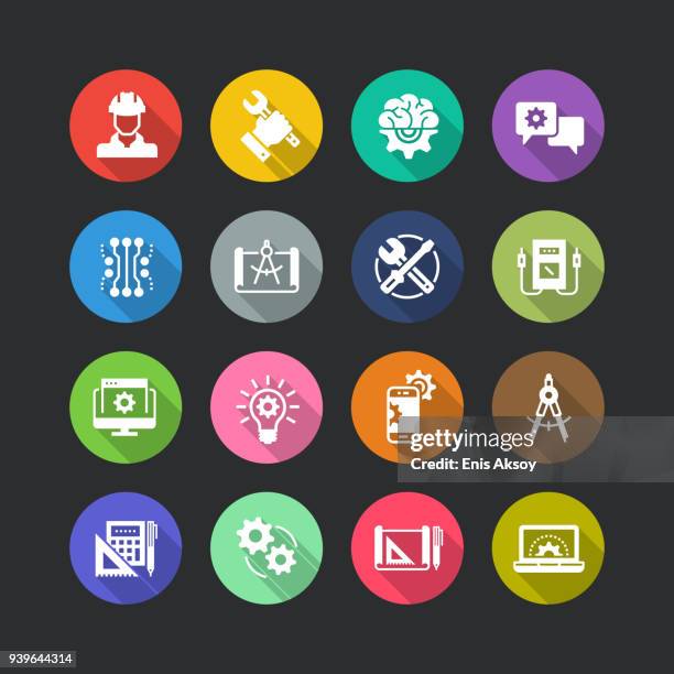 engineering flat icon set - engineer computer stock illustrations