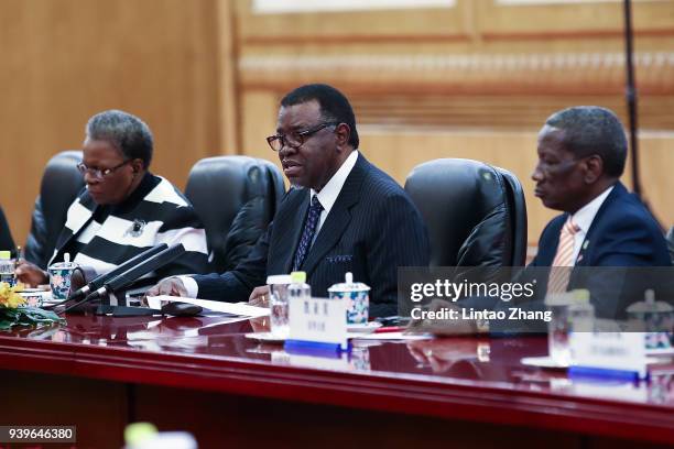 Namibia's President Hage G. Geingob Meets with Chinese President Xi Jinping at The Great Hall Of The People on March 29, 2018 in Beijing, China. At...