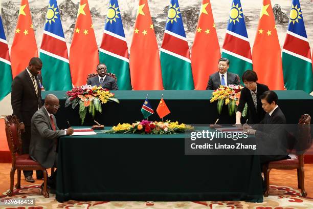 Chinese President Xi Jinping with Namibia's President Hage G. Geingob attend a signing ceremony at The Great Hall Of The People on March 29, 2018 in...