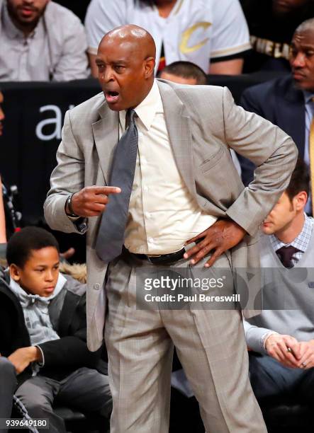 Associate Head Coach Larry Drew of the Cleveland Cavaliers coaches the team as he fills in for Cavaliers head coach Tyronn Lue who is out for medical...