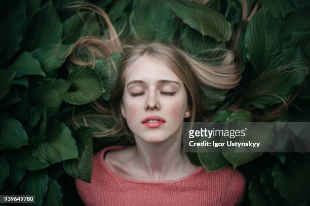 portrait of woman laying on the green leaves - beauty in nature stock pictures, royalty-free photos & images