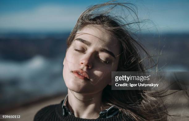 portrait of woman in mountains - vacation face bildbanksfoton och bilder