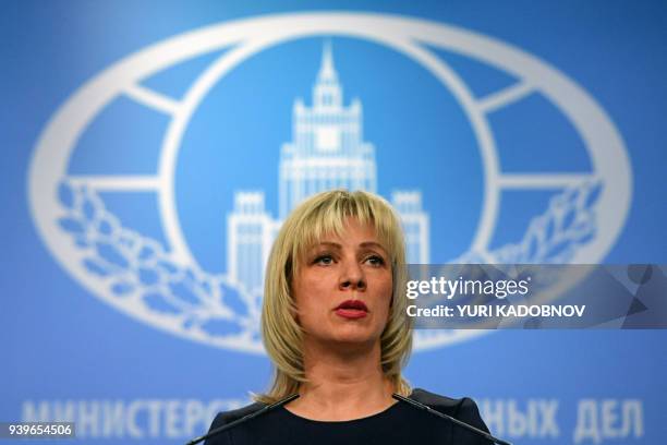 Russian Foreign Ministry spokeswoman Maria Zakharova speaks to the media in Moscow on March 29, 2018. / AFP PHOTO / Yuri KADOBNOV