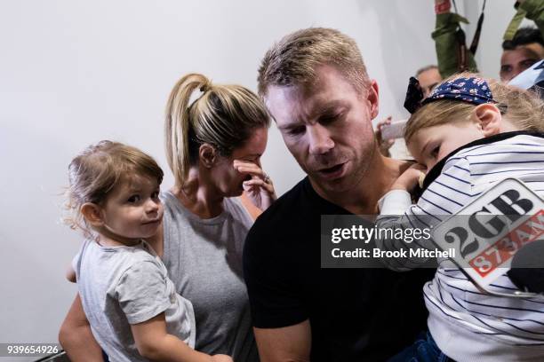 Australian Test cricketer David Warner and family arrives at Sydney International Airport on March 29, 2018 in Sydney, Australia. Steve Smith, David...