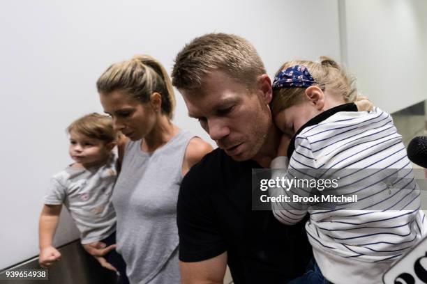 Australian Test cricketer David Warner and family arrives at Sydney International Airport on March 29, 2018 in Sydney, Australia. Steve Smith, David...