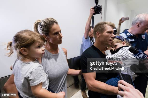 Australian Test cricketer David Warner and family arrives at Sydney International Airport on March 29, 2018 in Sydney, Australia. Steve Smith, David...