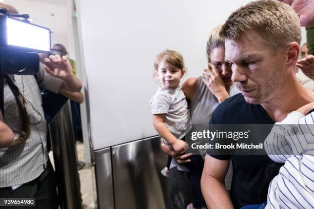 Australian Test cricketer David Warner and family arrives at Sydney International Airport on March 29, 2018 in Sydney, Australia. Steve Smith, David...