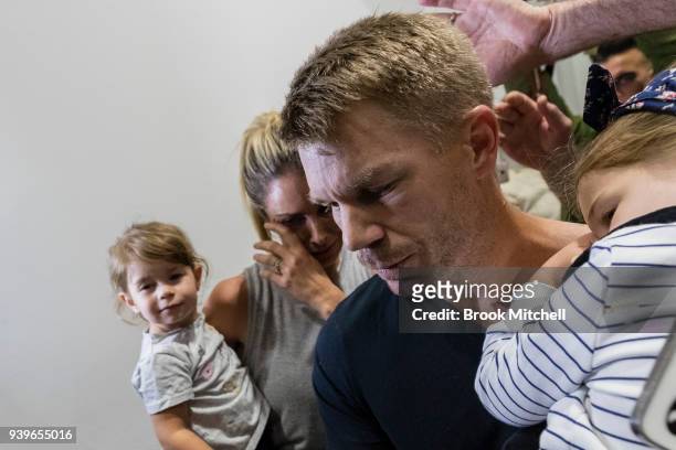 Australian Test cricketer David Warner and family arrives at Sydney International Airport on March 29, 2018 in Sydney, Australia. Steve Smith, David...