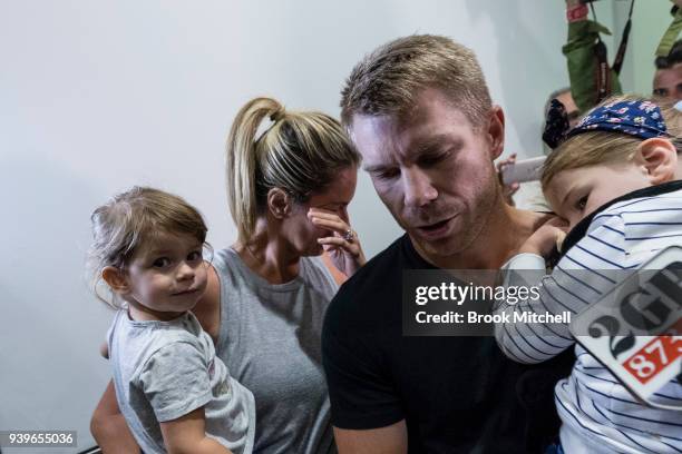 Australian Test cricketer David Warner and family arrives at Sydney International Airport on March 29, 2018 in Sydney, Australia. Steve Smith, David...