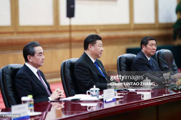 China's President Xi Jinping meets with his Namibian counterpart Hage Geingob at the Great Hall of the People in Beijing on March 29, 2018. Hage...