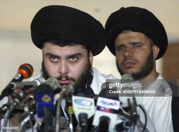 Shiite cleric Moqtada Sadr speaks to a crowd of tens of thousands 25 July 2003, after prayers at al-Kufa mosque in the holy city of Najaf, 180kms...