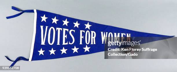 Blue and white, suffrage pennant or banner, with the slogan "Votes for Women, " and ten stars to celebrate Illinois becoming the 10th state to grant...