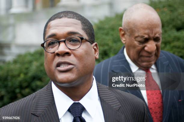 Bill Cosby's spokesperson Andrew Wyatt speaks ahead of the March 29, 2018 pre-trial hearing at Montgomery County Courthouse, in Norristown, PA. The...