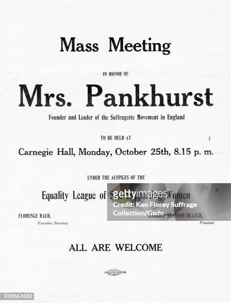 Suffrage meeting poster, advertising the appearance of Emmeline Pankhurst, the militant founder of the English Women's Social and Political Union, at...
