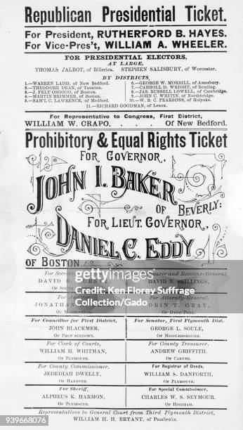 Black and white, Republican presidential, and Massachusetts Prohibition Party campaign poster listing John L Baker for governor, and Daniel C Eddy...