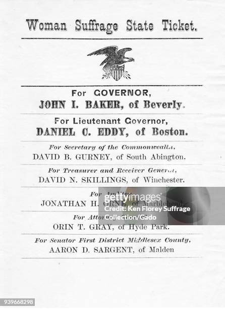 Black and white, Massachusetts suffrage ticket campaign poster, listing the male, candidates pledged to the cause, including John L Baker for...