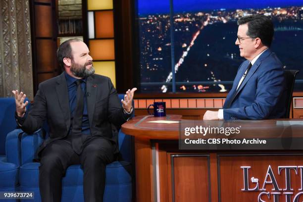 The Late Show with Stephen Colbert and guest Tom Segura during Tuesday's March 27, 2018 show.