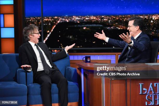 The Late Show with Stephen Colbert and guest Dana Carvey during Wednesday's March 28, 2018 show.