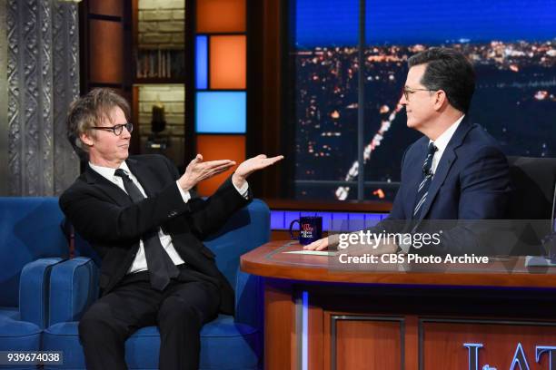 The Late Show with Stephen Colbert and guest Dana Carvey during Wednesday's March 28, 2018 show.