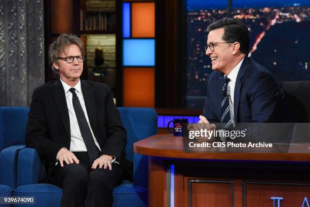 The Late Show with Stephen Colbert and guest Dana Carvey during Wednesday's March 28, 2018 show.