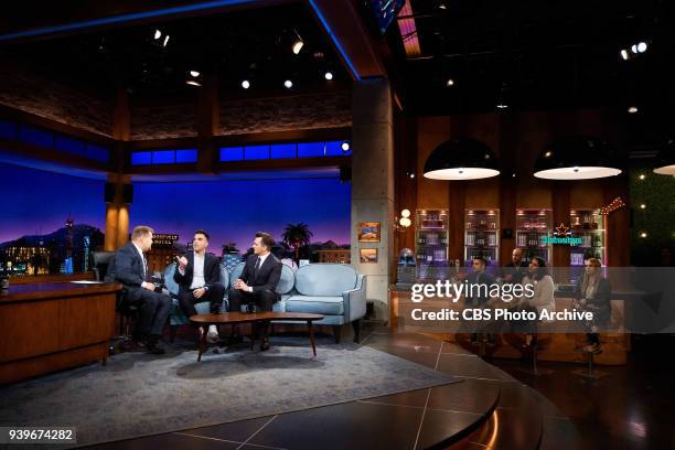 Zach Quinto and Rupert Friend chat with James Corden during "The Late Late Show with James Corden," Monday, March 26, 2018 On The CBS Television...