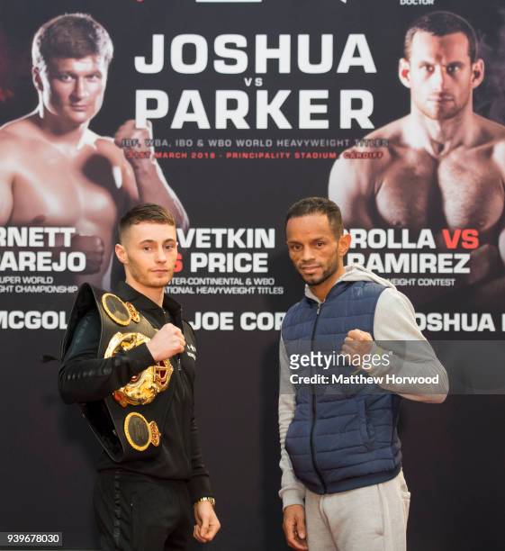 Ryan Burnett and Yonfrez Parejo at the undercard press conference ahead of the Anthony Joshua and Joseph Parker fight, on March 29, 2018 in Cardiff,...