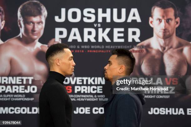 Morgan Jones and Mose Auimatagi at the undercard press conference ahead of the Anthony Joshua and Joseph Parker fight, on March 29, 2018 in Cardiff,...