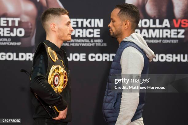 Ryan Burnett and Yonfrez Parejo at the undercard press conference ahead of the Anthony Joshua and Joseph Parker fight, on March 29, 2018 in Cardiff,...