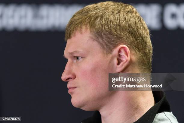 Alexander Povetkin at the undercard press conference ahead of the Anthony Joshua and Joseph Parker fight, on March 29, 2018 in Cardiff, Wales....