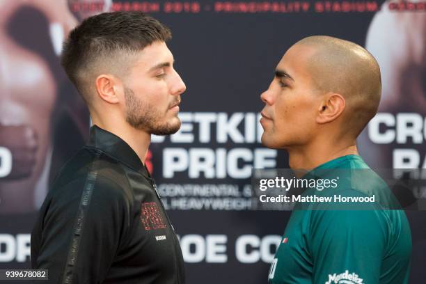 Joshua Kelly and Carlos Molina at the undercard press conference ahead of the Anthony Joshua and Joseph Parker fight, on March 29, 2018 in Cardiff,...