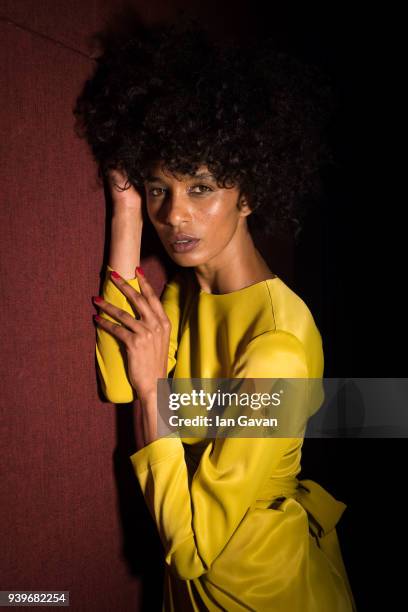 Model backstage ahead of the Exquise presentation during Mercedes Benz Fashion Week Istanbul at Zorlu Performance Hall on March 29, 2018 in Istanbul,...