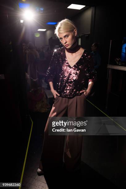Model backstage ahead of the Exquise presentation during Mercedes Benz Fashion Week Istanbul at Zorlu Performance Hall on March 29, 2018 in Istanbul,...