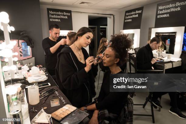 Model backstage ahead of the Exquise presentation during Mercedes Benz Fashion Week Istanbul at Zorlu Performance Hall on March 29, 2018 in Istanbul,...