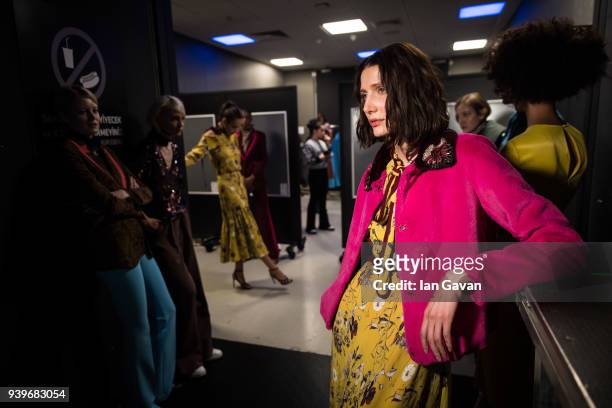 Models backstage ahead of the Exquise presentation during Mercedes Benz Fashion Week Istanbul at Zorlu Performance Hall on March 29, 2018 in...