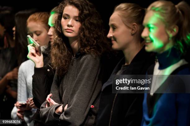 Models backstage ahead of the Exquise presentation during Mercedes Benz Fashion Week Istanbul at Zorlu Performance Hall on March 29, 2018 in...