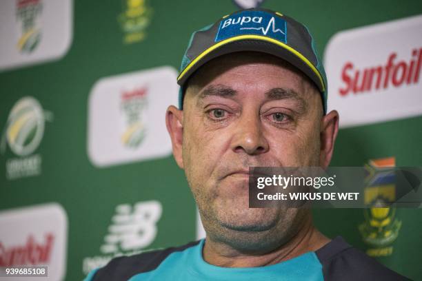 Head Coach of the Australia cricket team Darren Lehmann responds to questions during a press conference in Johannesburg on March 29, 2018 at which he...