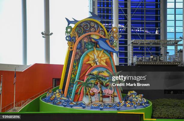 Detailed view of the Marlins home run sculpture in centerfield before Opening Day between the Miami Marlins and the Chicago Cubs at Marlins Park on...