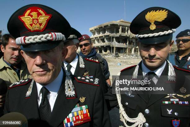 Guido Bellini , general commander of the Italian carabinieri, visits the site of the attack on the Italian base in Nasiriyah, 375km south of Baghdad,...