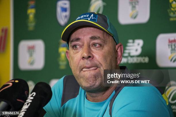 Head Coach of the Australia cricket team Darren Lehmann responds to questions during a press conference in Johannesburg on March 29, 2018 at which he...