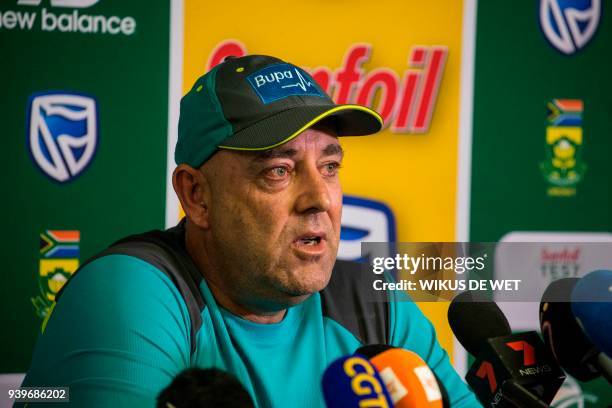 Head Coach of the Australia cricket team Darren Lehmann responds to questions during a press conference in Johannesburg on March 29, 2018 at which he...