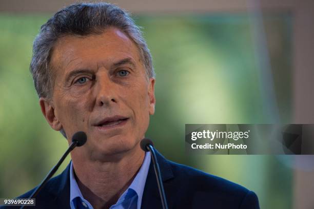 Argentina's President Mauricio Macri talks during a press conference at Quinta de Olivos in Buenos Aires, Argentina, Wednesday, March 28, 2017. Macri...