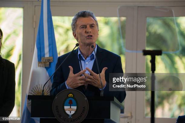 Argentina's President Mauricio Macri talks during a press conference at Quinta de Olivos in Buenos Aires, Argentina, Wednesday, March 28, 2017. Macri...